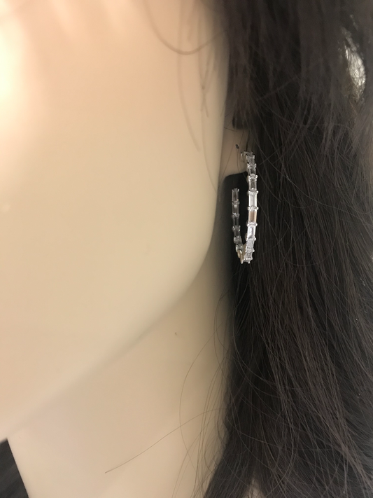 Sterling Silver Round 1 1/2'' Baguette Hoops - HK Jewels