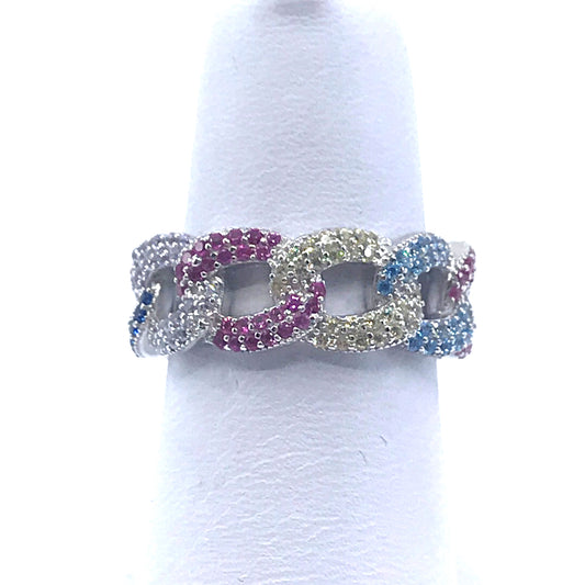 Sterling Silver Rainbow Chain Ring - HK Jewels