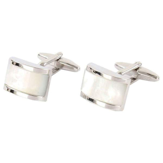 Rhodium Plated Mother of Pearl Domed Rectangle Cufflinks - HK Jewels