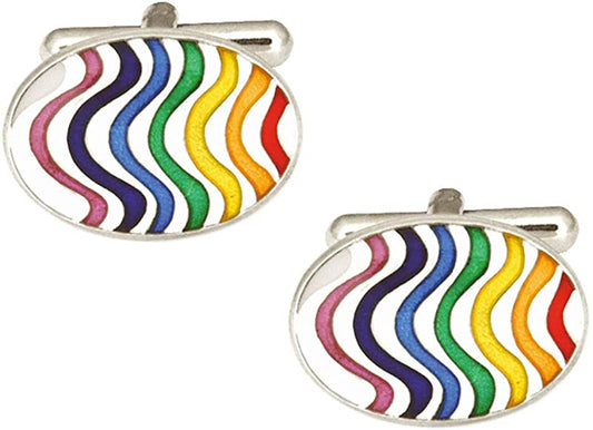 Rhodium Plated Rainbow Wave Oval Enamel Cufflink - HK Jewels