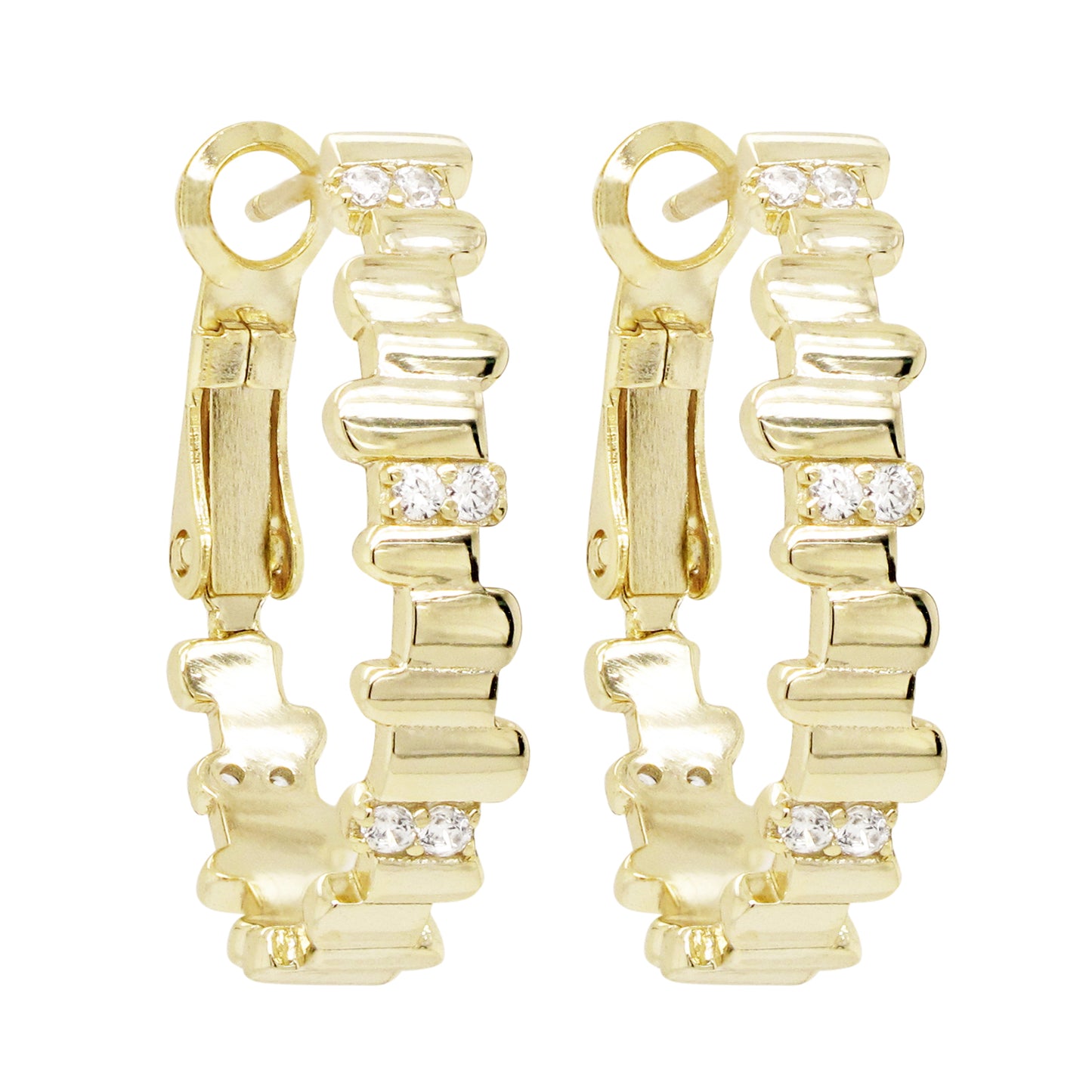 STERLING SILVER CLEAR CZ ZIG ZAG HOOP EARRINGS - HK Jewels