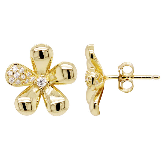Gold Plated Sterling Silver, White CZ Flower Post Stud Earrings - HK Jewels