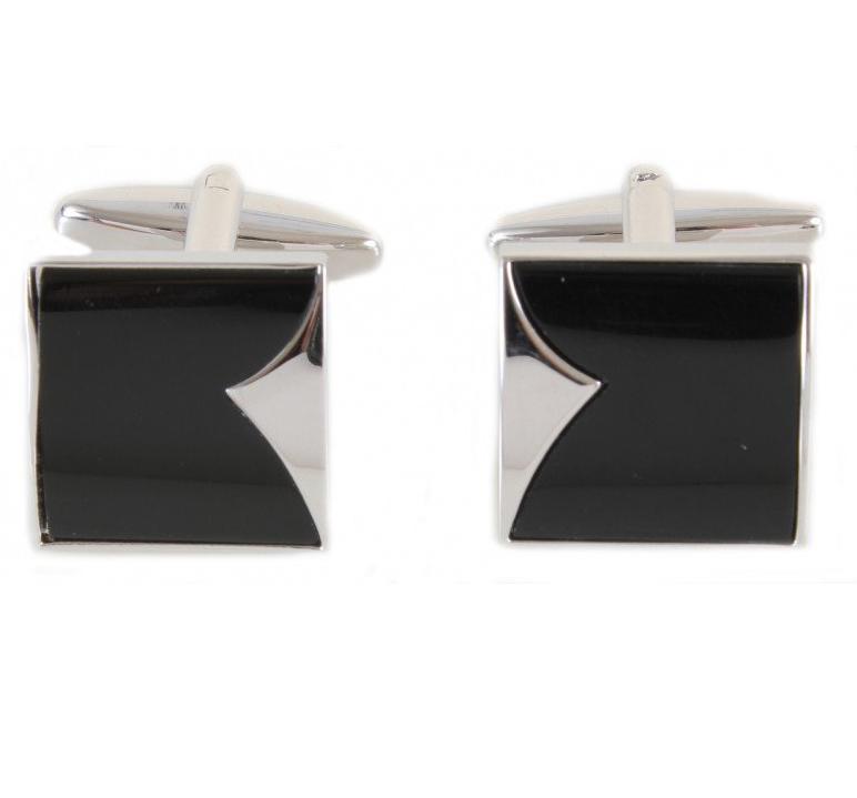 Rhodium Plated Black Onyx Fish Tail Cufflinks - HK Jewels