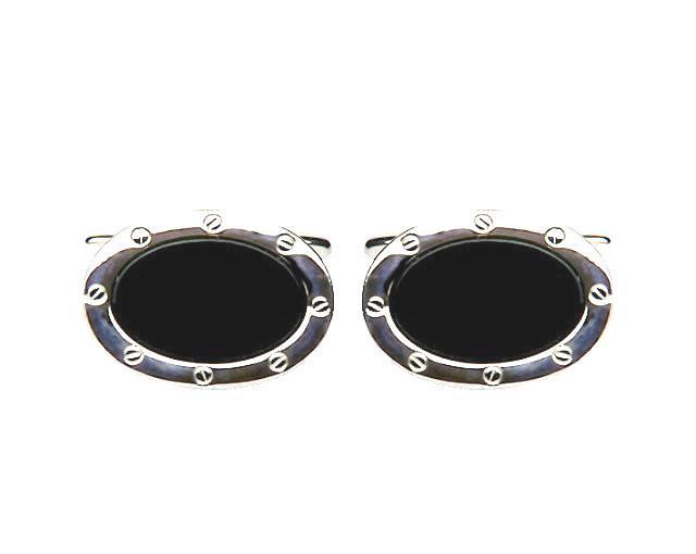 Rhodium Plated Oval Shaped Black Onyx Cufflinks - HK Jewels
