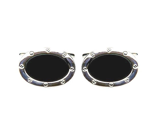 Rhodium Plated Oval Shaped Black Onyx Cufflinks - HK Jewels