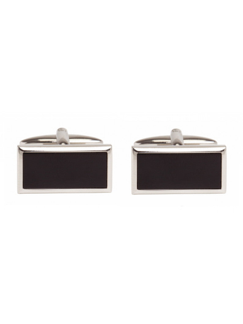 Rhodium Plated Black Onyx Rectangle Cufflinks - HK Jewels
