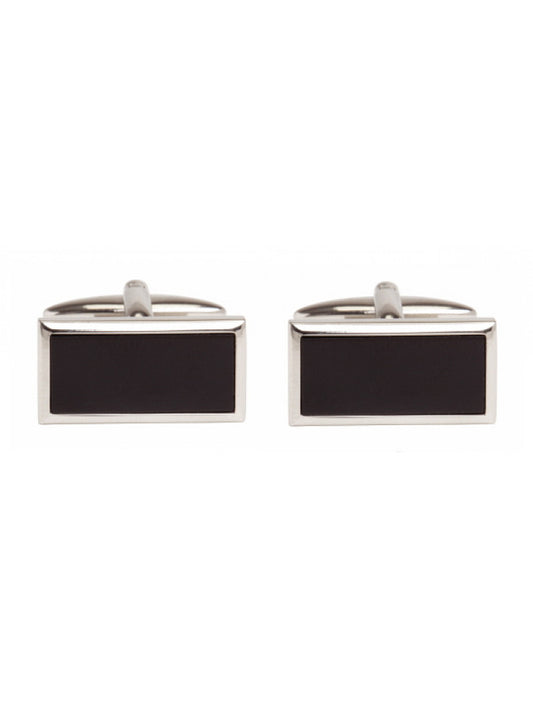 Rhodium Plated Black Onyx Rectangle Cufflinks - HK Jewels
