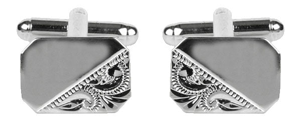 Rectangular 1/3 Engraved Design Rhodium Plated Cufflinks - HK Jewels
