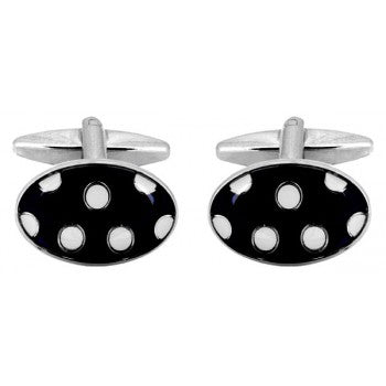 Oval White Dots on Blue Enamel Rhodium Plated Cufflinks - HK Jewels