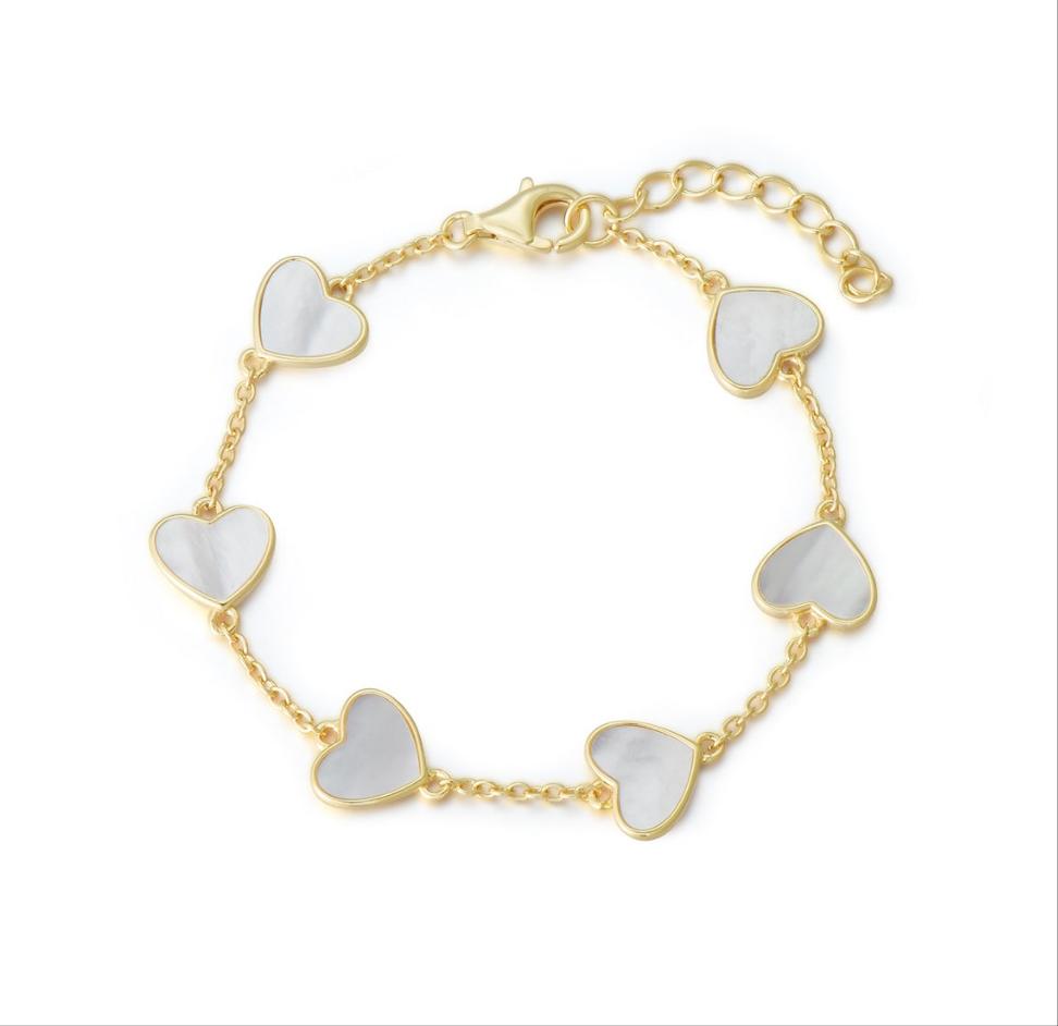 Gold Plated Sterling Silver Mother of Pearl Heart Bracelet HK Jewels