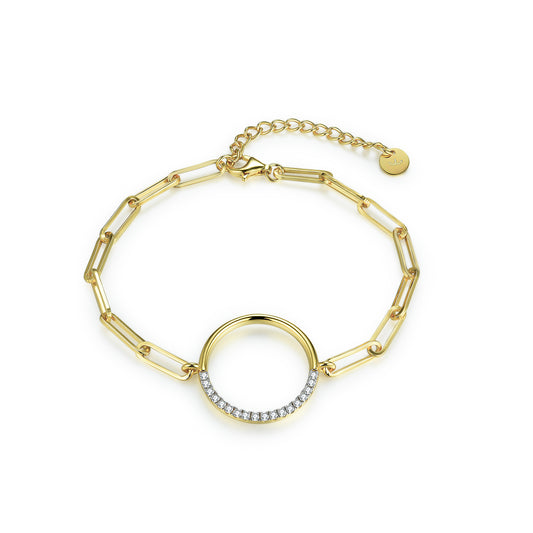 Gold-Plated Sterling Silver Half CZ Circle Bracelet on Paperclip Chain