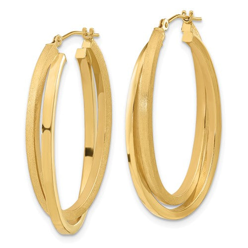 14k Satin and Polished Oval Hoop Earrings - HK Jewels