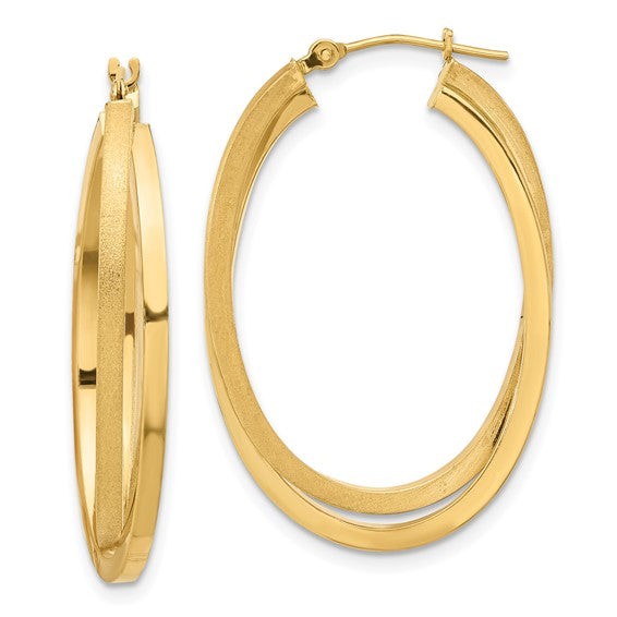 14k Satin and Polished Oval Hoop Earrings - HK Jewels