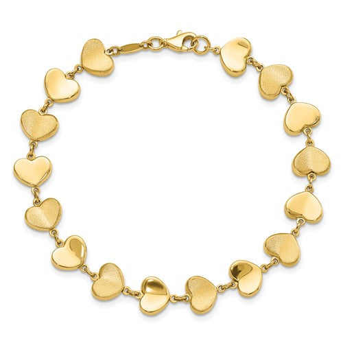 14K Yellow Gold Alternating Shiny and Matte Heart Link Bracelet - HK Jewels