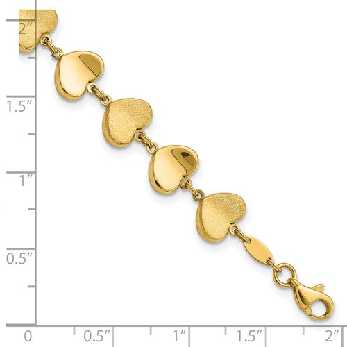 14K Yellow Gold Alternating Shiny and Matte Heart Link Bracelet - HK Jewels