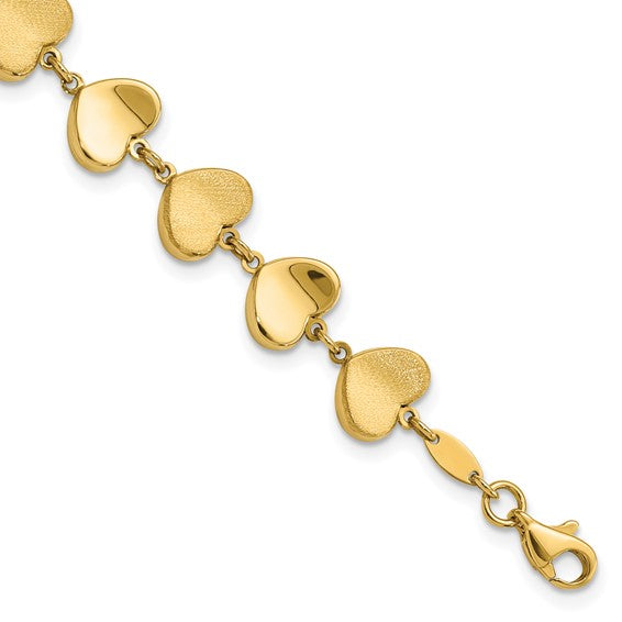 14K Yellow Gold Alternating Shiny and Matte Heart Link Bracelet - HK Jewels