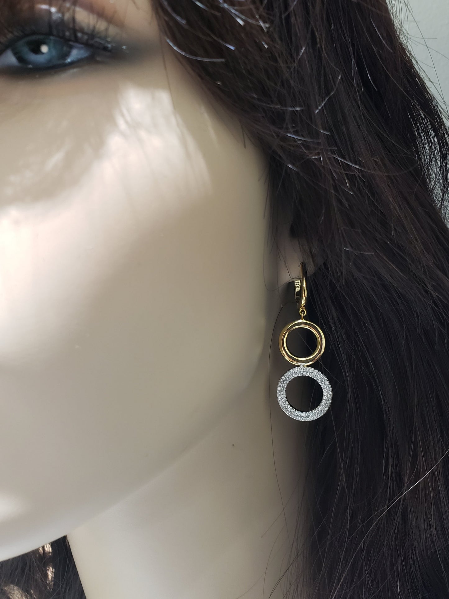 Sterling Silver Gold Plated Double Circle CZ Earring