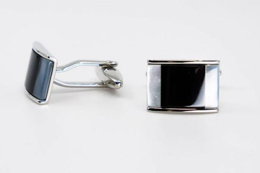 Rectangle Curved Mother of Pearl & Onyx Rhodium Plated Cufflinks - HK Jewels