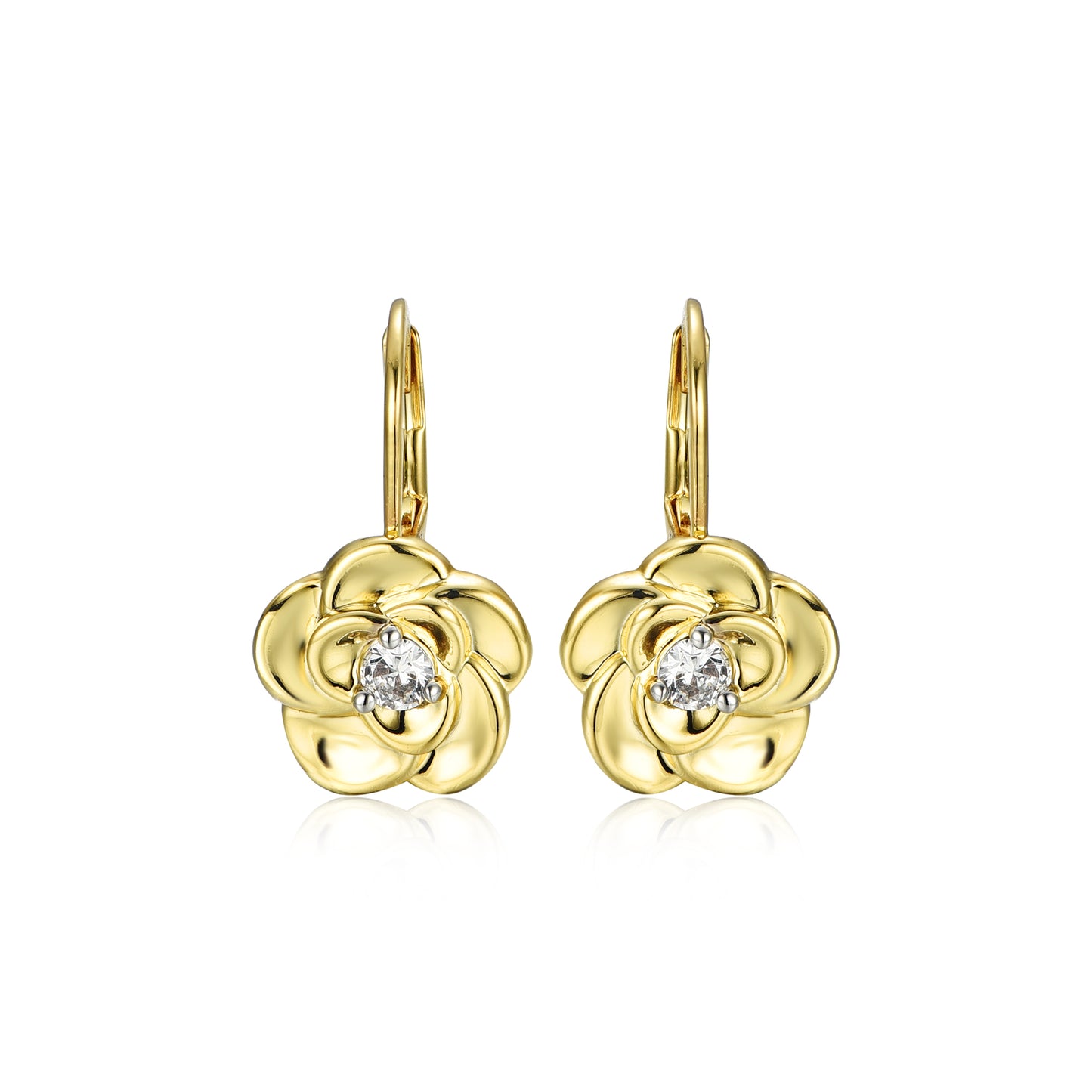 Gold Plated Surgical Steel Flower With Center CZ Leverback Earrings