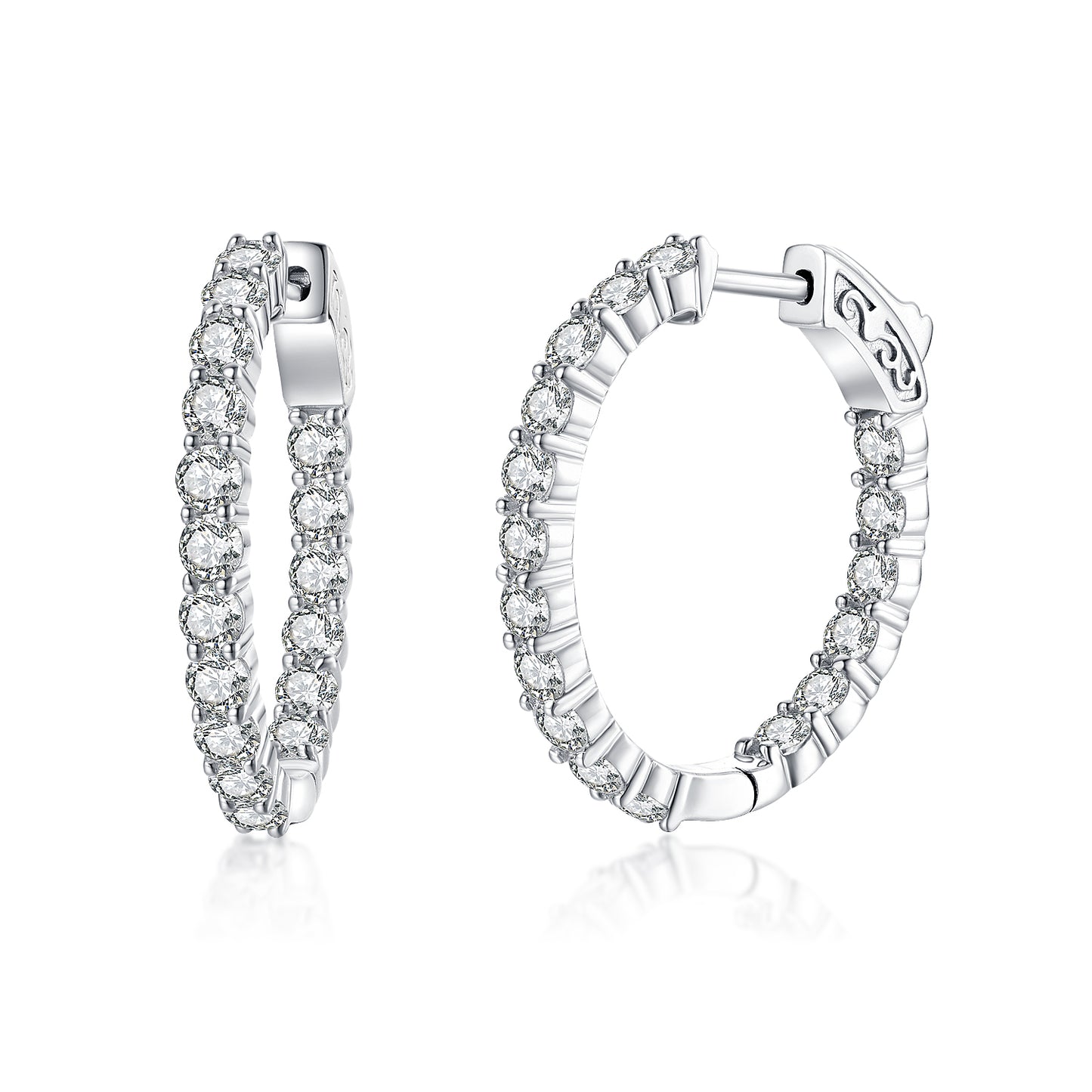 Sterling Silver 28x26MM Oval CZ Hoop Earrings with 3mm CZs - HK Jewels