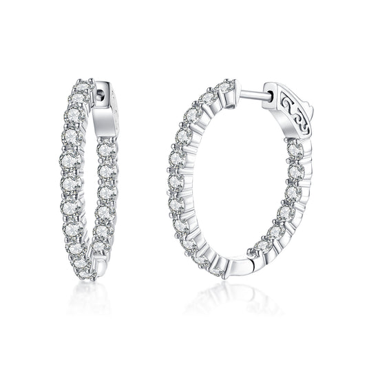 Sterling Silver 28x26MM Oval CZ Hoop Earrings with 3mm CZs - HK Jewels