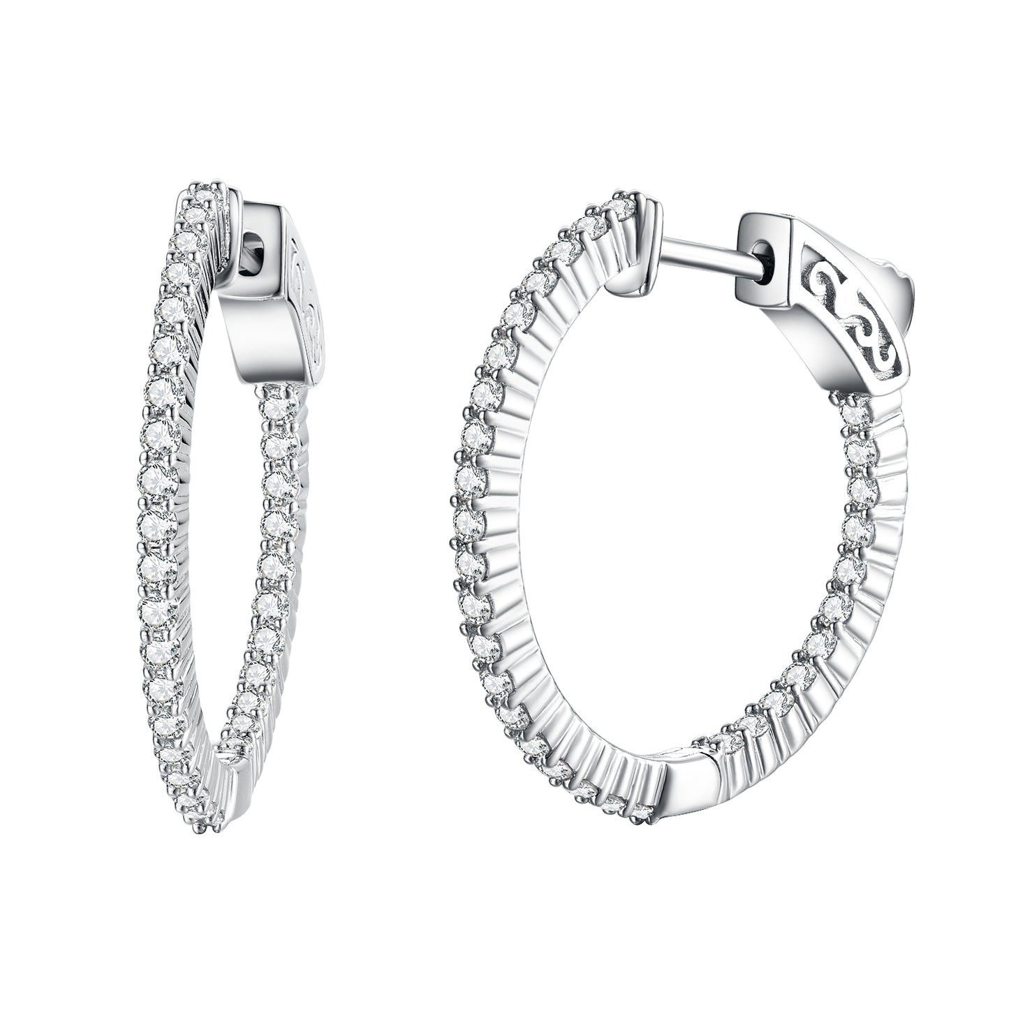 Sterling Silver 25mm Round CZ Hoop Earrings with 1.5mm CZs - HK Jewels