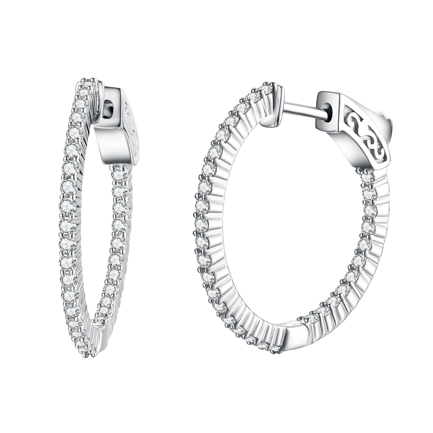Sterling Silver 25mm Round CZ Hoop Earrings with 1.5mm CZs - HK Jewels
