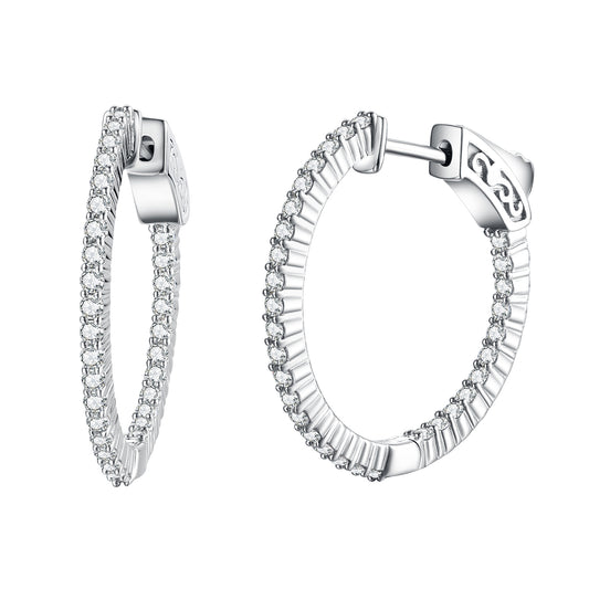 Sterling Silver 25mm Round CZ Hoop Earrings with 1.5mm CZs - HK Jewels