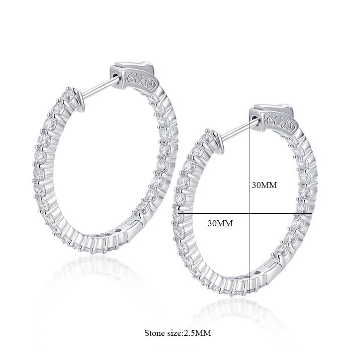 Sterling Silver 30mm Round CZ Hoop Earrings with 2.5mm CZs - HK Jewels