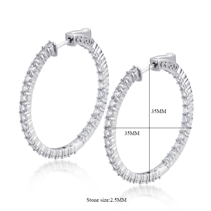 Sterling Silver 35mm Round CZ Hoop Earrings with 2.5mm CZs - HK Jewels