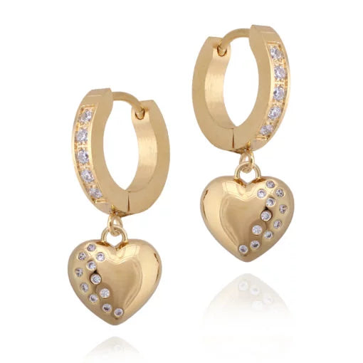 Gold Plated Surgical Steel CZ-Dipped Puffed Heart Earring - HK Jewels