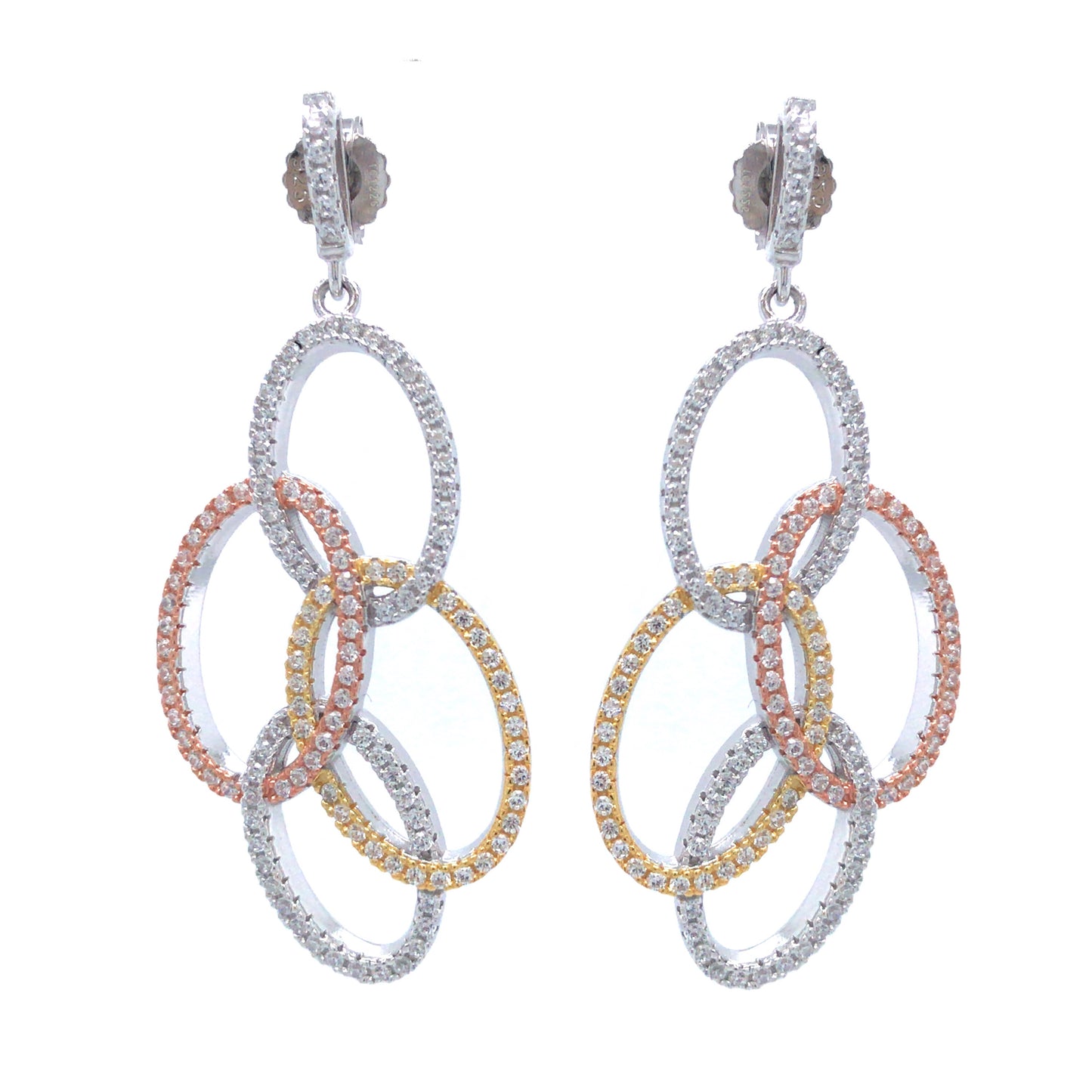 Sterling Silver Tricolor Dangling Ovals CZ Earring - HK Jewels