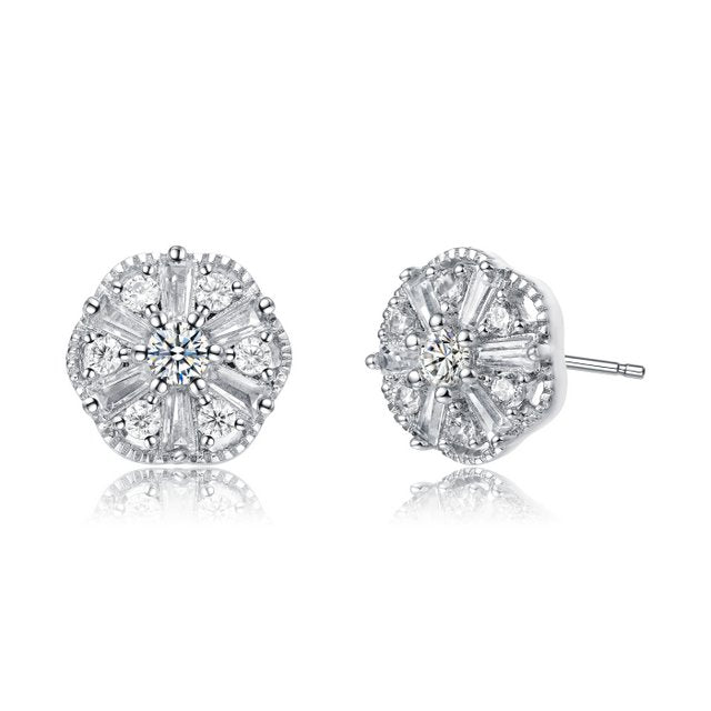 Sterling Silver With Round and Baguette CZ Stud Earrings - HK Jewels
