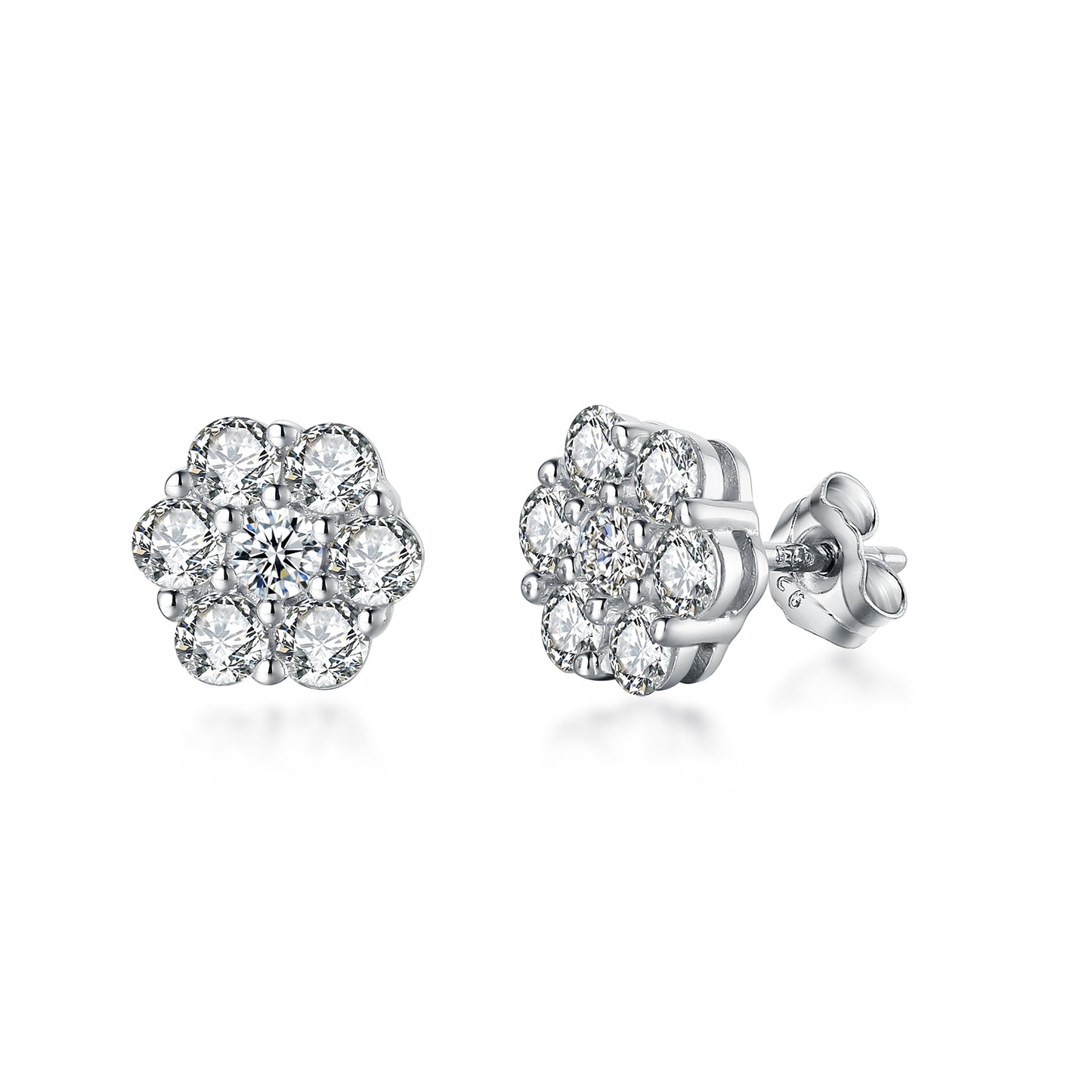 Rhodium Plated Sterling Silver 7 Stone CZ Cluster Stud Earring