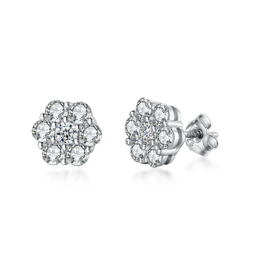 Rhodium Plated Sterling Silver 7 Stone CZ Cluster Stud Earring
