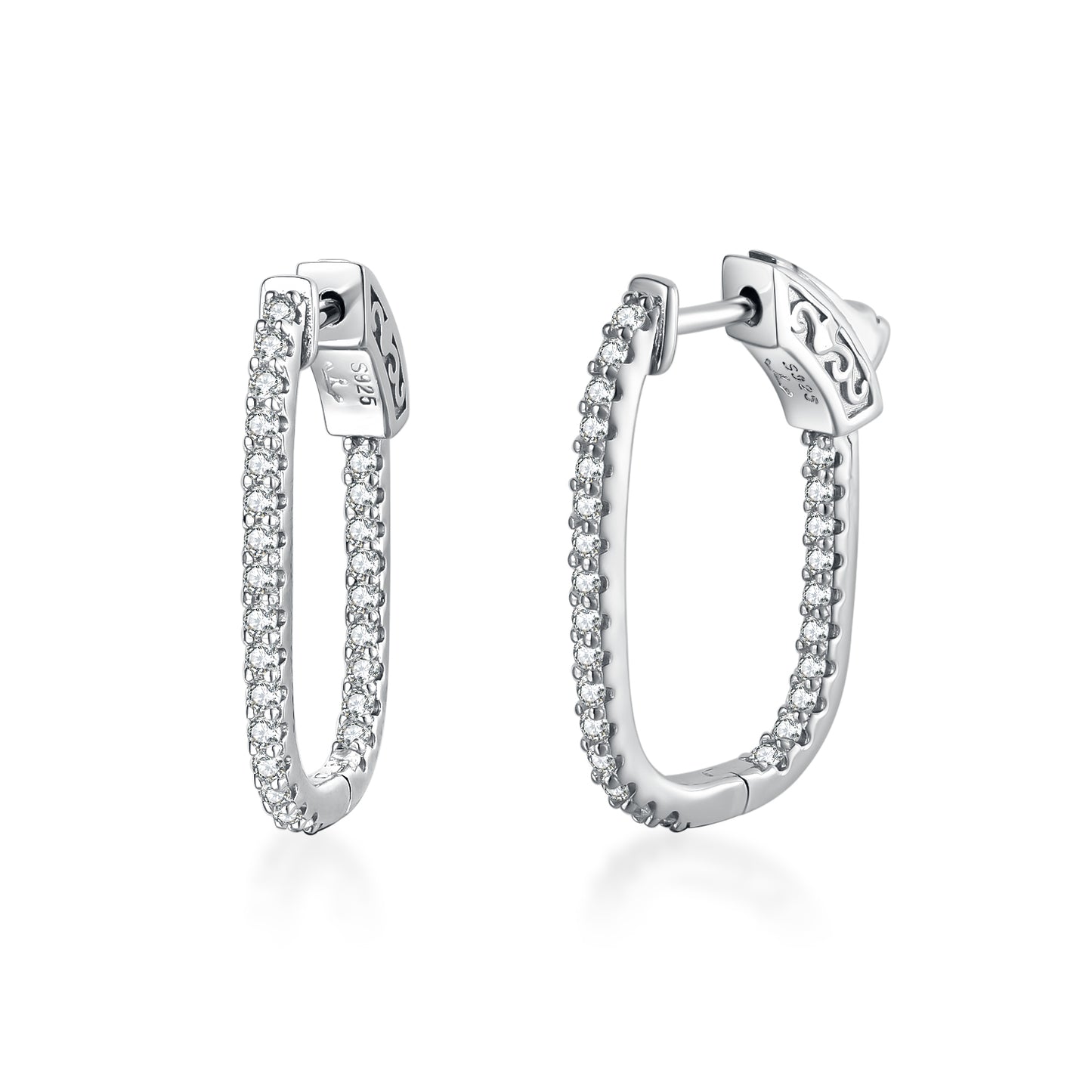 Sterling Silver Thin CZ Rectangular Hoop Earrings