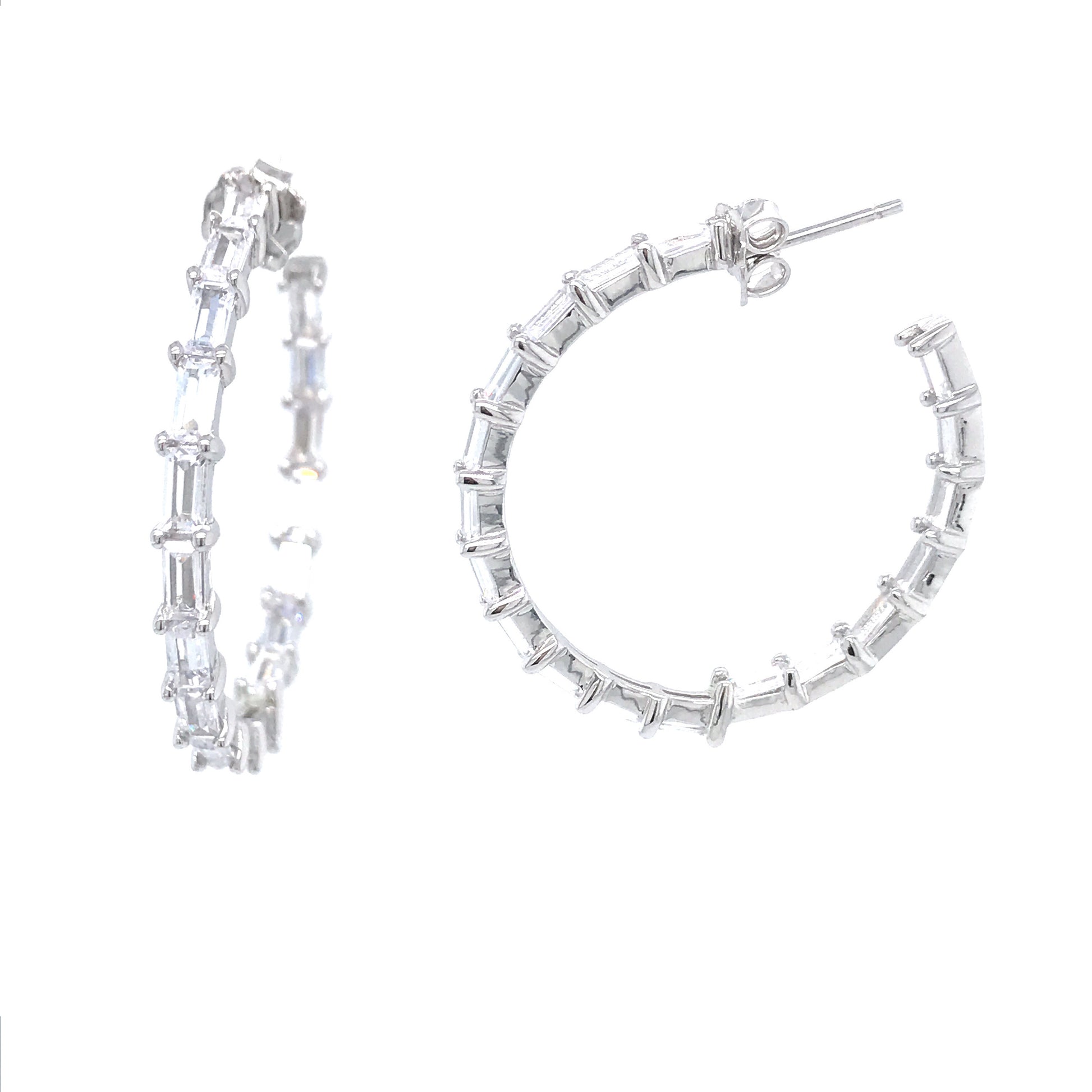 Sterling Silver Round 1 1/2'' Baguette Hoops - HK Jewels