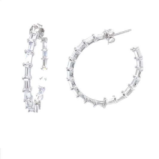 Sterling Silver Round 1 1/2'' Baguette Hoops - HK Jewels