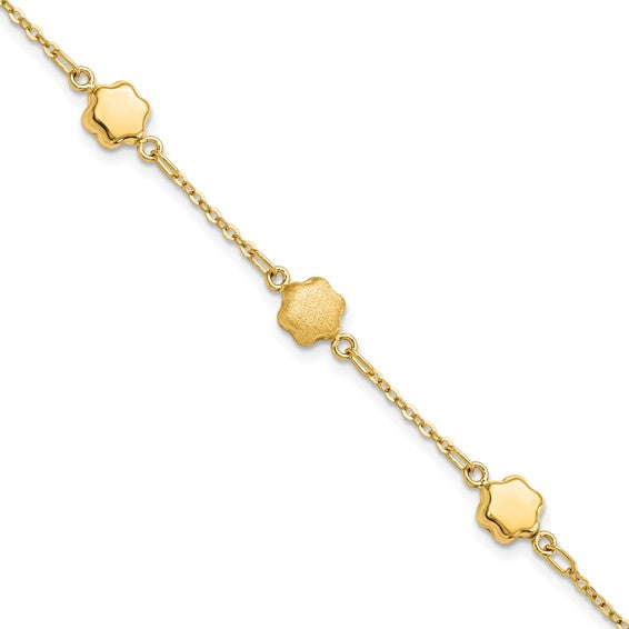 14K Yellow Gold Alternating Shiny and Matte Flower Link Bracelet - HK Jewels