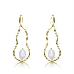 Gold Plated Sterling Silver Long Pear Shape With Pearl Earring - HK Jewels