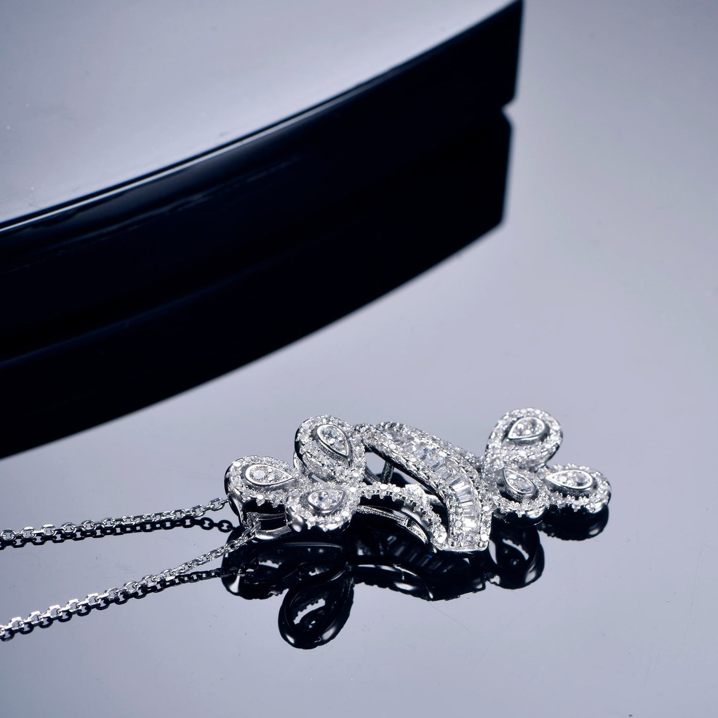 Sterling Silver Double Flower Round CZ and Baguette Pendant - HK Jewels