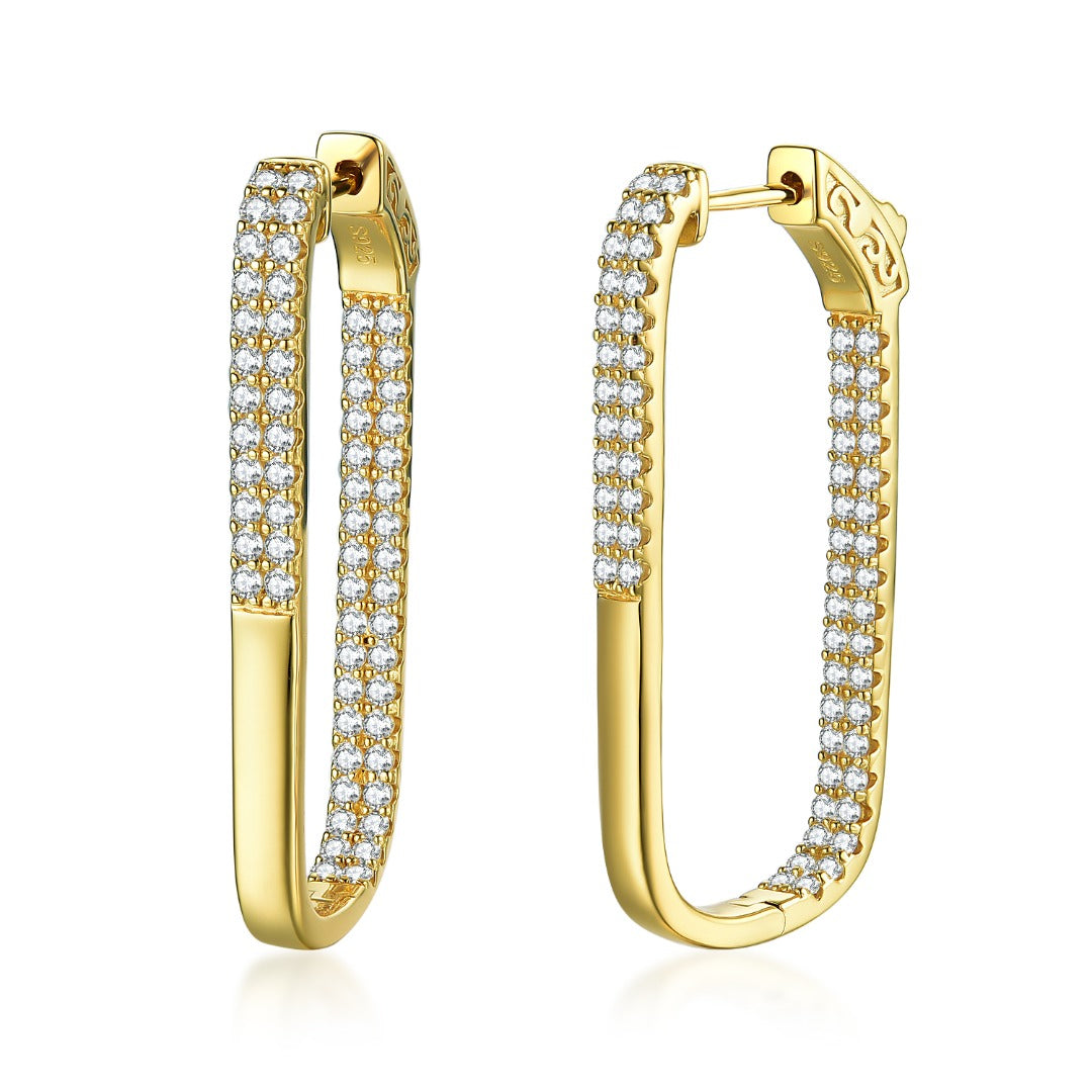 Sterling Silver Double Row CZ Rectangular Hoops - HK Jewels