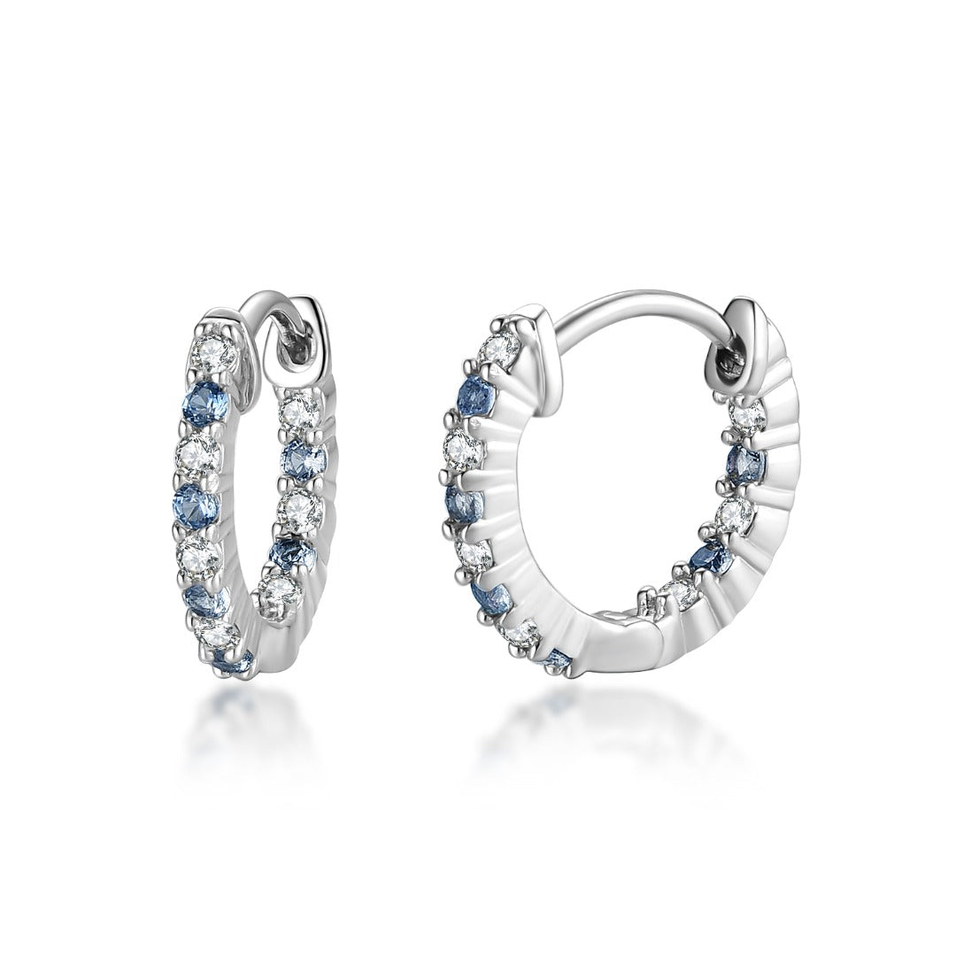 Surgical Steel Hoop Earrings With Alternating Light Blue and Clear CZ Stones - HK Jewels