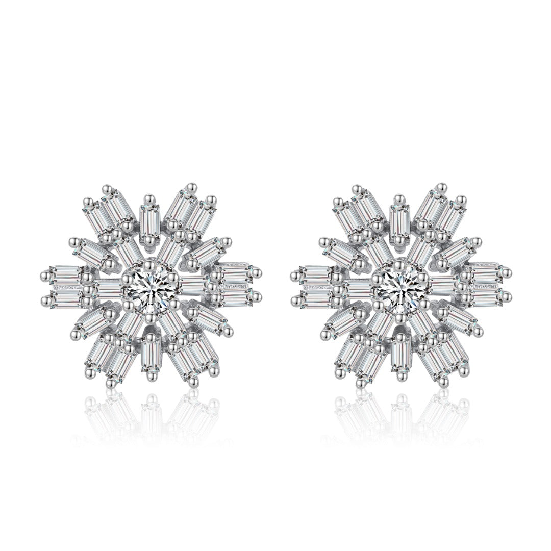 Sterling Silver Baguette Snowflake Stud Earrings - HK Jewels