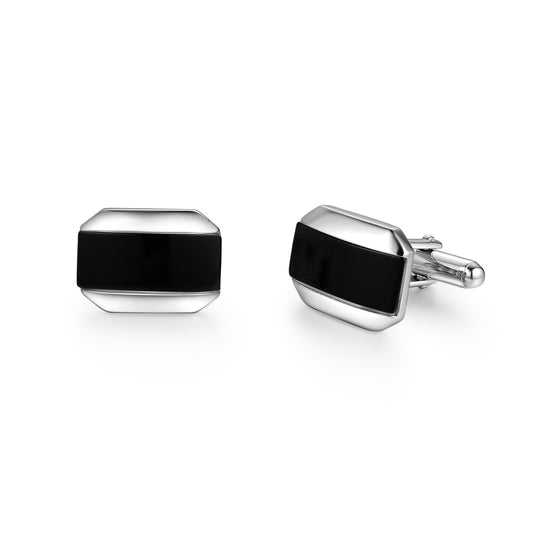 Rhodium Plated Sterling Silver Mother of Pearl/Black Onyx and Rectangular Cufflinks