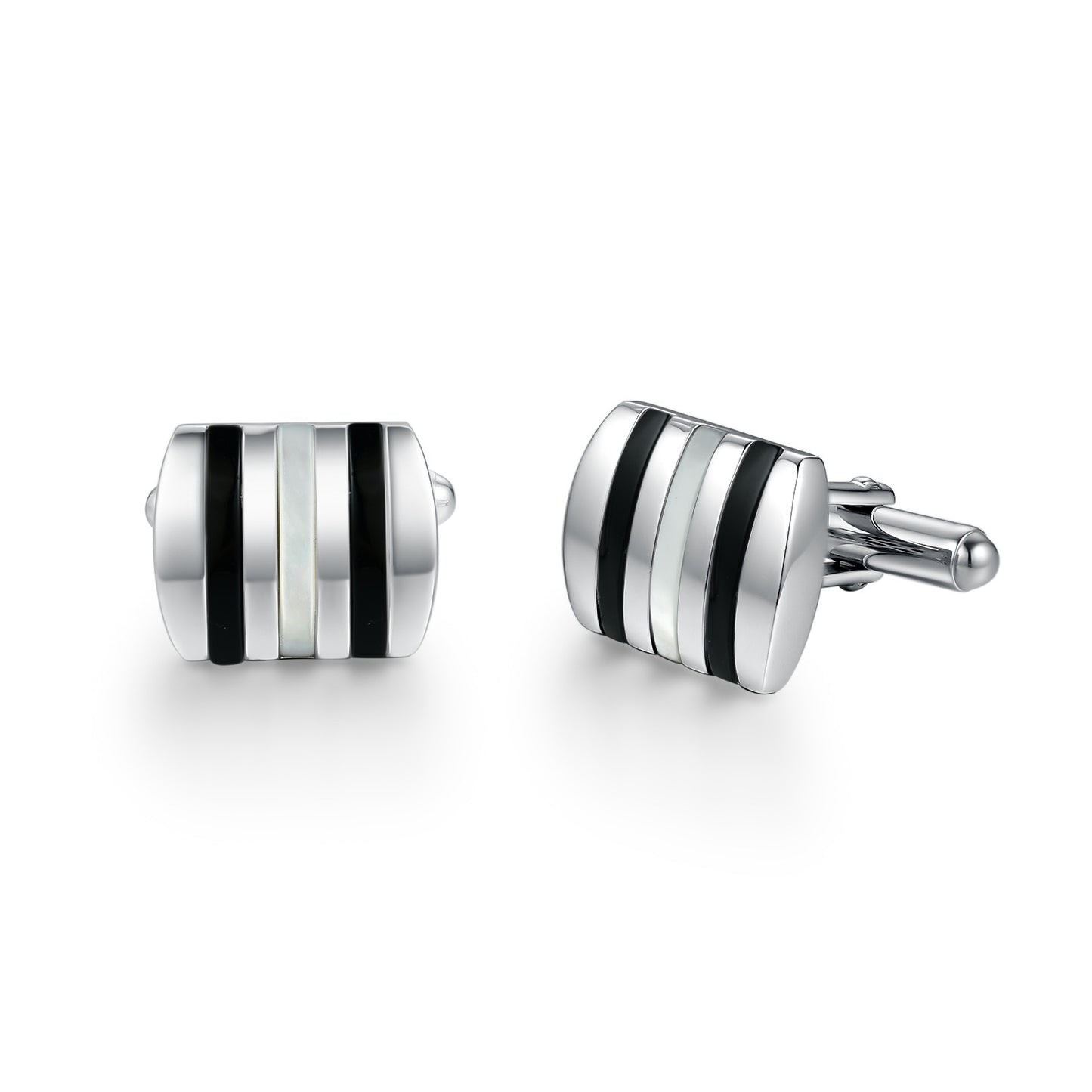 Rhodium Plated Sterling Silver Mother of Pearl/Black Onyx and Striped Cufflinks