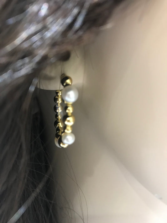 Sterling Silver with Gold Plated and 5MM Fresh Water Pearls Hoop Earrings - HK Jewels