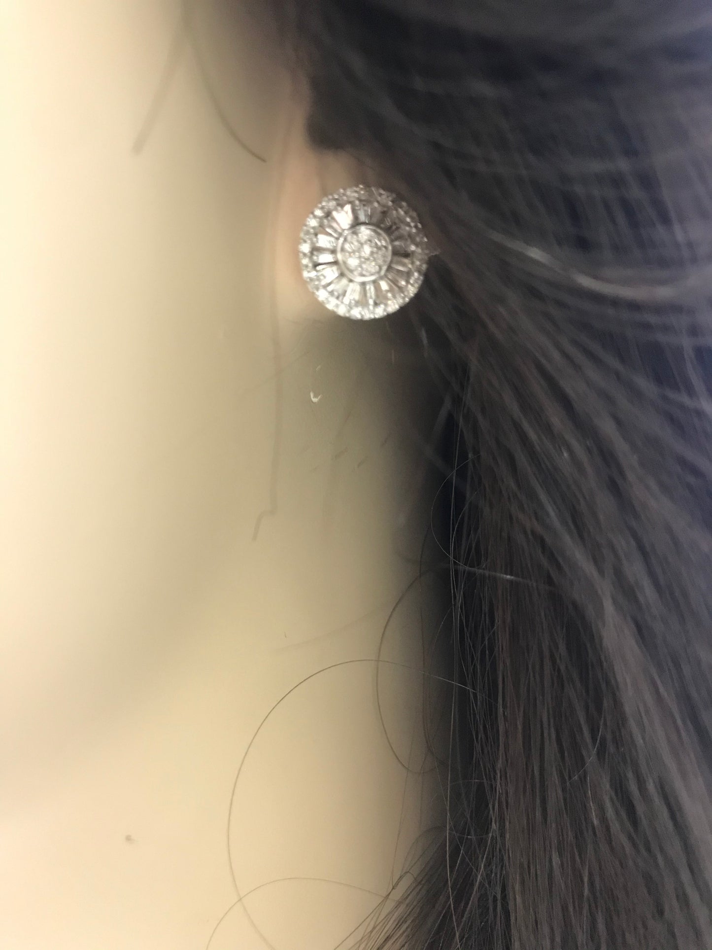 10K Round Shaped Micropave and Baguette Diamond Stud - HK Jewels
