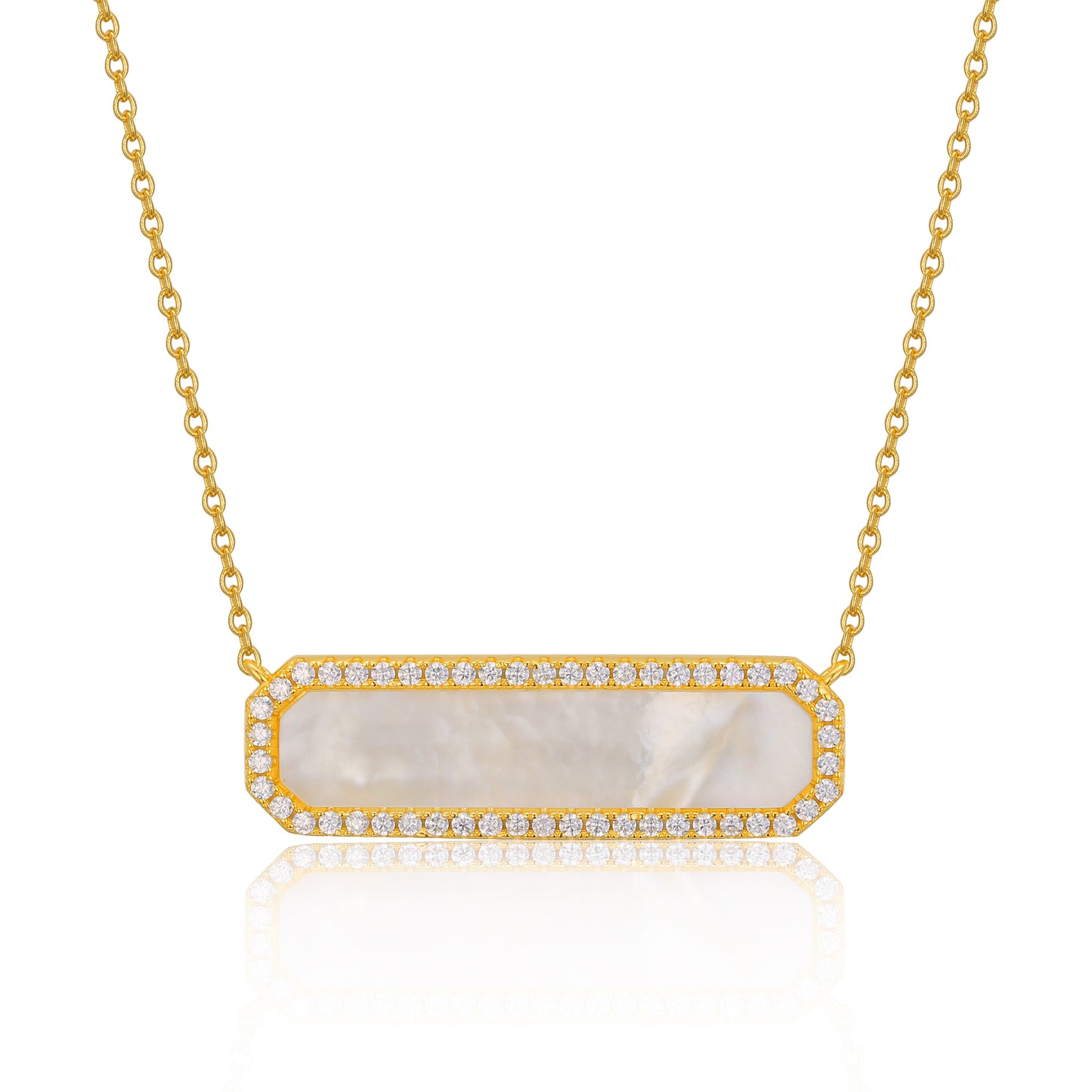 Sterling Silver CZ Border Mother of Pearl Bar Necklace