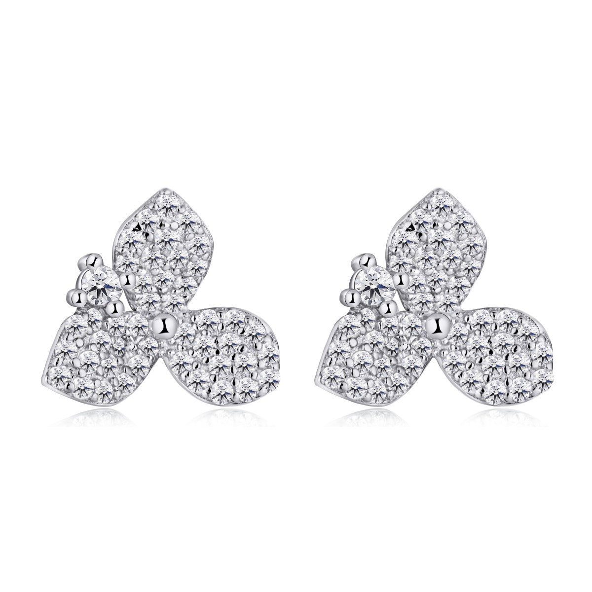 Sterling Silver Micropave Three Petal Flower Stud Earrings - HK Jewels